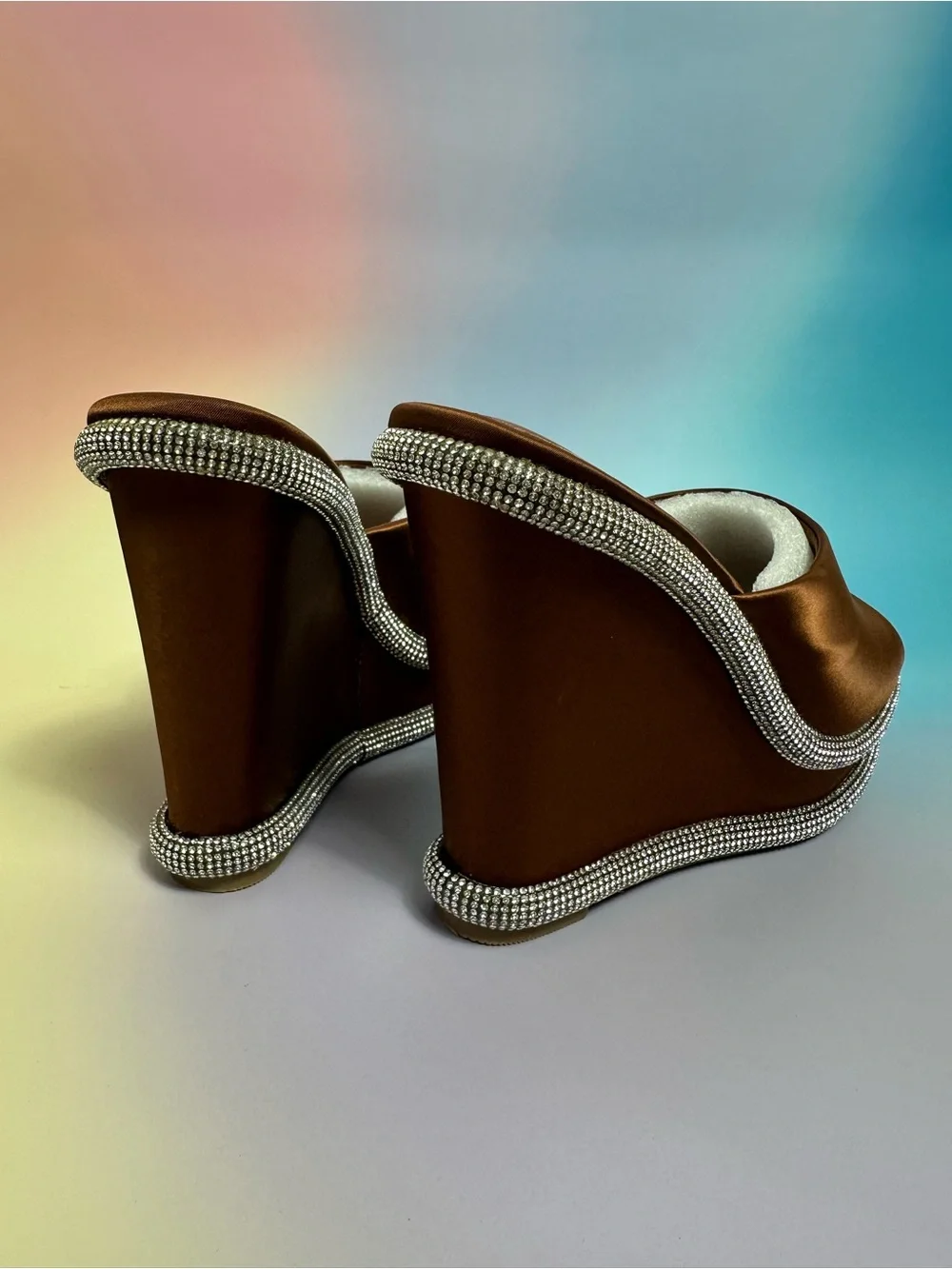 Liliana Bronze Satin Platform Wedge Sandals with Rhinestone Trim